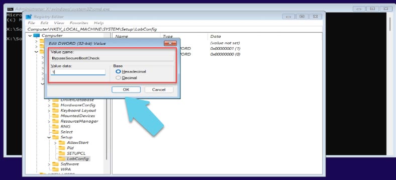 Utwórz parametr BypassSecureBootCheck, wartość 1