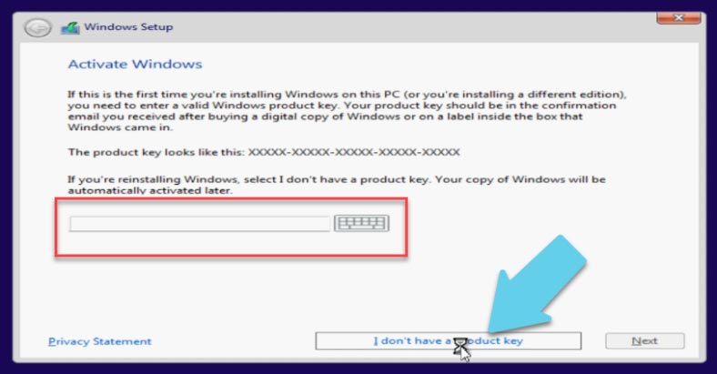 In the next window, type the product key
