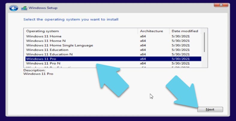 Select the operating system version