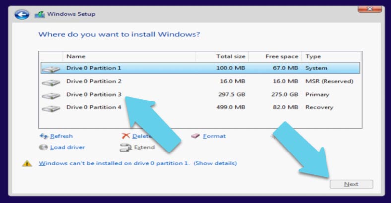 Choose the disk where to install Windows