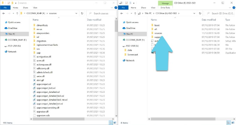 The sources folder in the Windows 10 image
