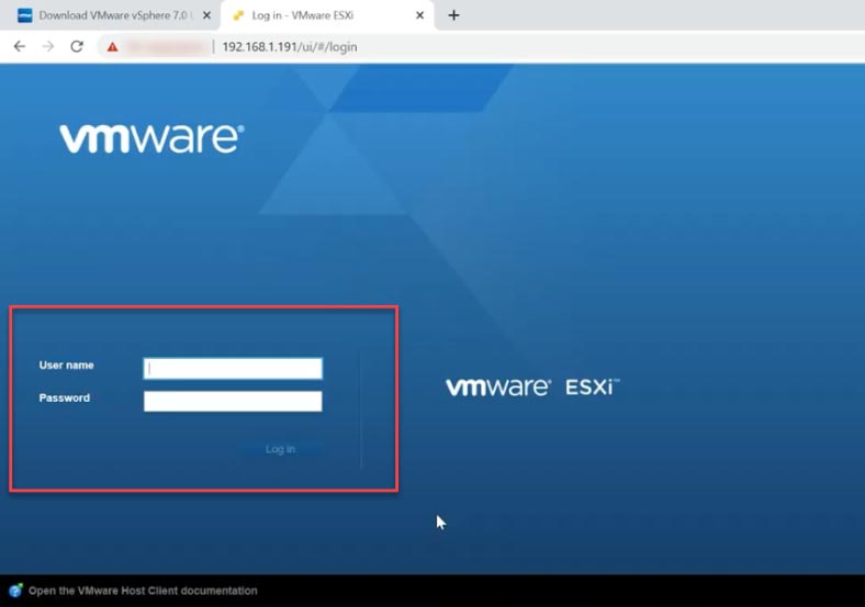 Especificar credenciais de usuário root, senha ESXI