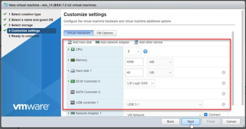 The number of processors and amount of RAM to be allocated