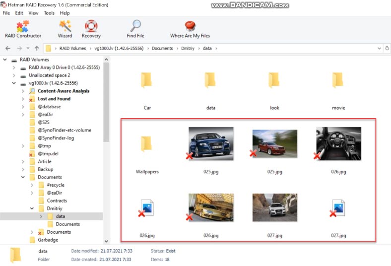 Deleted files are marked with a red cross