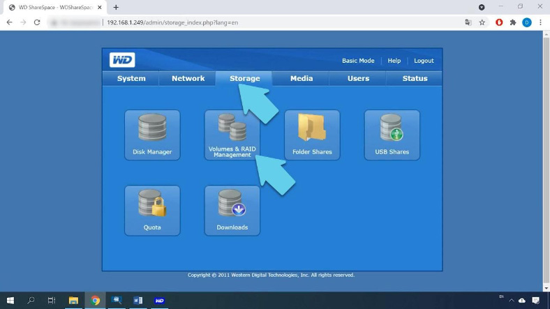 Abra a guia Armazenamento, clique em Volume & gestión