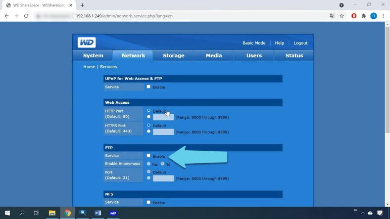 قم بفتح علامة التبويب الشبكة، و إنتقل إلى الخدمات وقم بتفعيل FTP