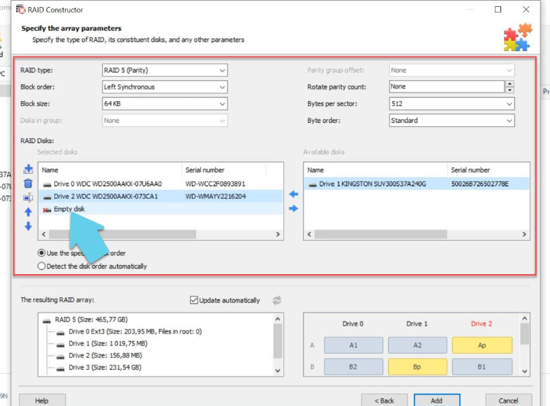 Fill in all the information about the disk array: type, block order and size, add the disks