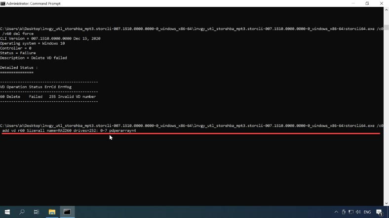 storcli64.exe /c0 addvd r60 Size=allname=RAID60 drives=252: 0-7 pdperarray=4