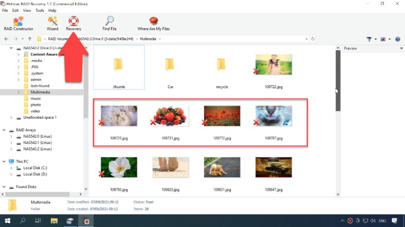 Deleted files are marked with a red cross