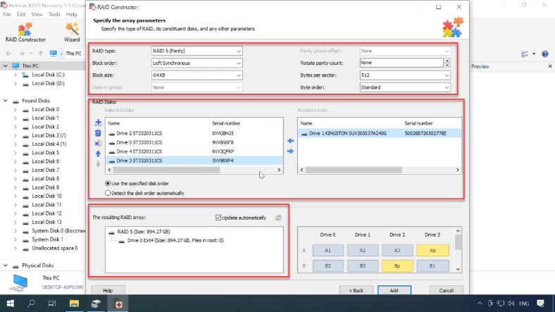 RAID type, block order and size, add the disks