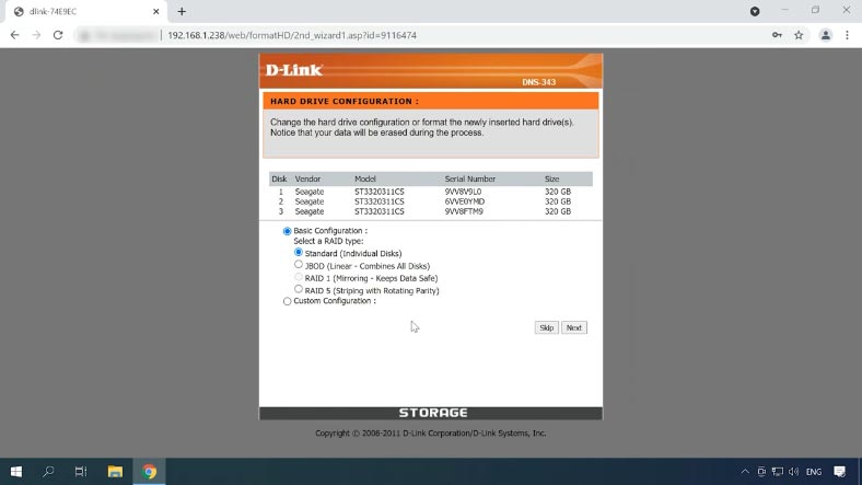 Creating an array with the connected hard disks