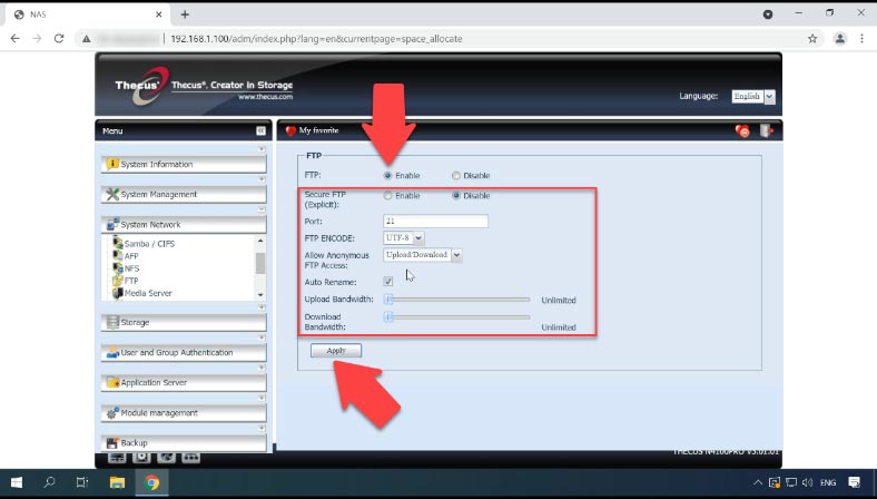 To enable an FTP connection, expand the tab “System Network” 