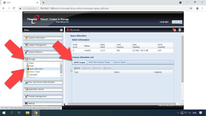 To create an iSCSI volume, go to the tab Storage - Space Allocation - iSCSI Target