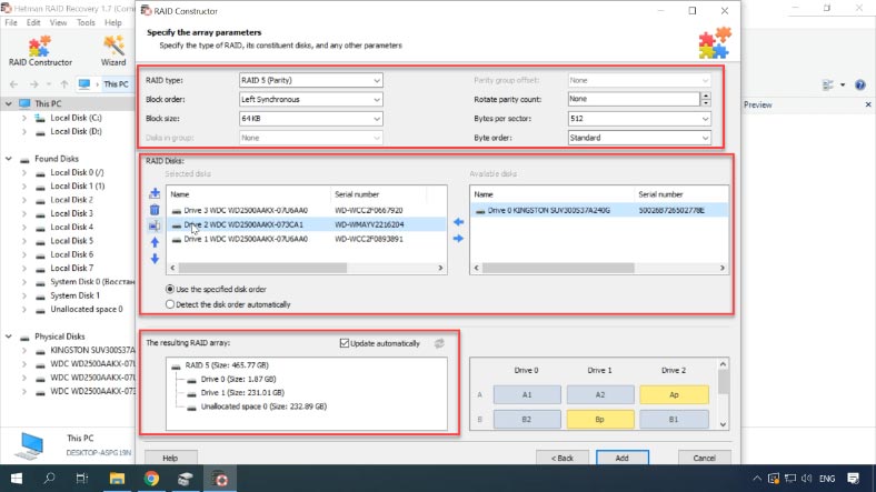 Renseignez toutes les propriétés RAID que vous connaissez: le type de RAID, l'ordre des blocs et la taille, ajoutez les disques