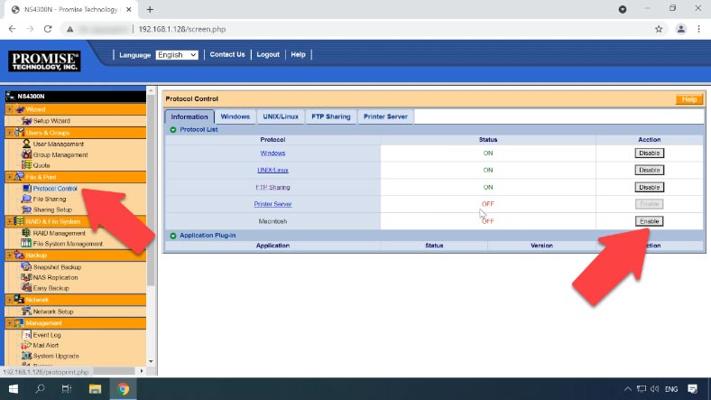 Abra o gerenciamento de protocolo e ative os serviços necessários aqui