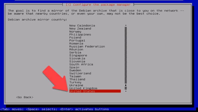 Вкажіть країну розташування дзеркала архіву Debian