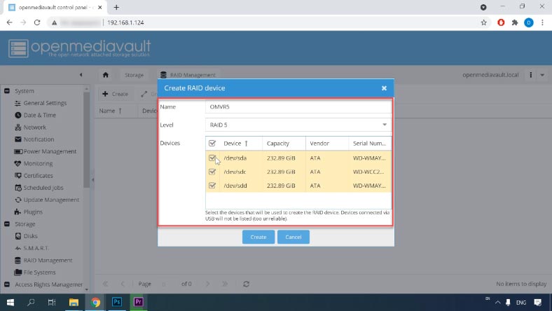 Assign a name, chose the RAID type, select the disks and click Create