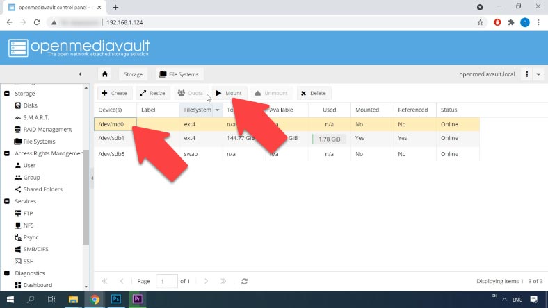 When the file system is created, select the array and find the Mount button