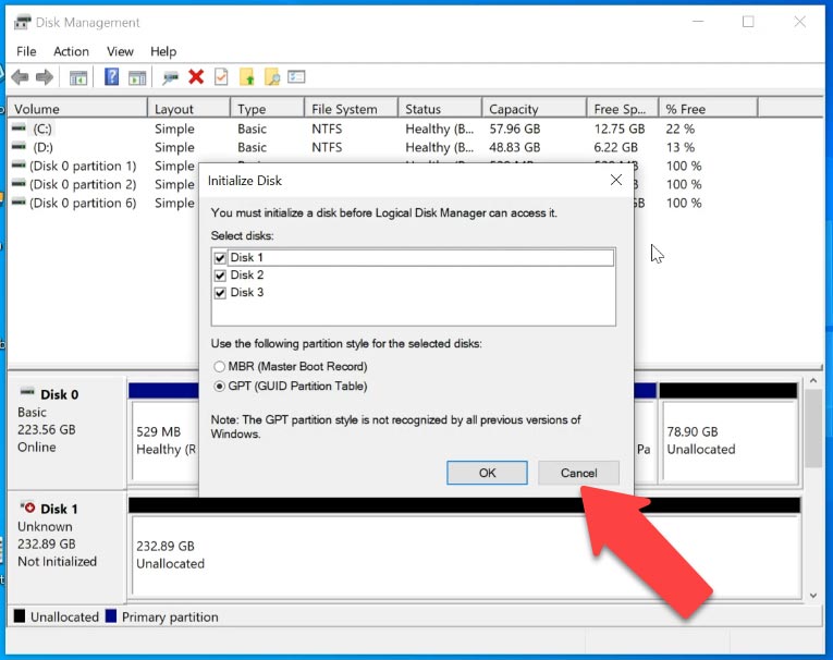 Don’t initialize or format the disks