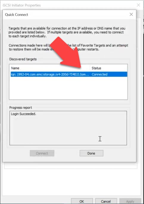 Run iSCSI Initiator, type the IP address of the server into the Target field