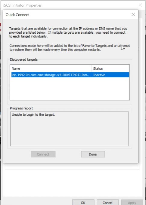 Run iSCSI Initiator, type the IP address of the server into the Target field