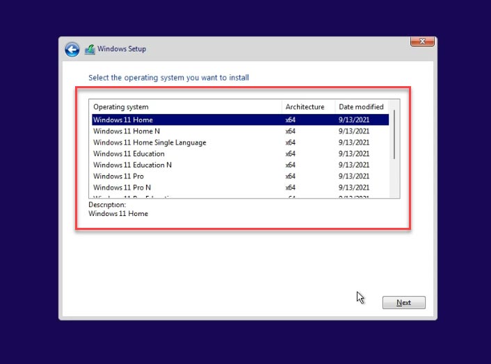 Seleccione la versión del sistema operativo Windows 11