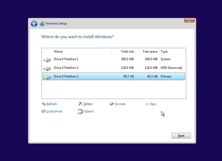 Select the disk where to install Windows 11