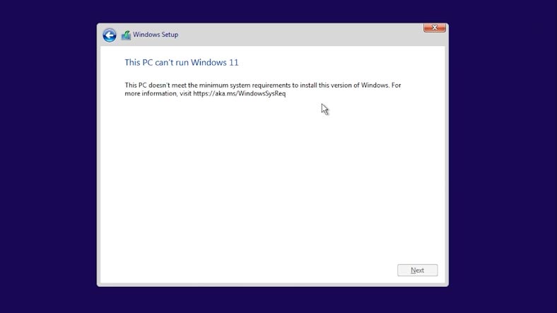 The error saying your PC doesn’t meet the minimum system requirements to install Windows 11