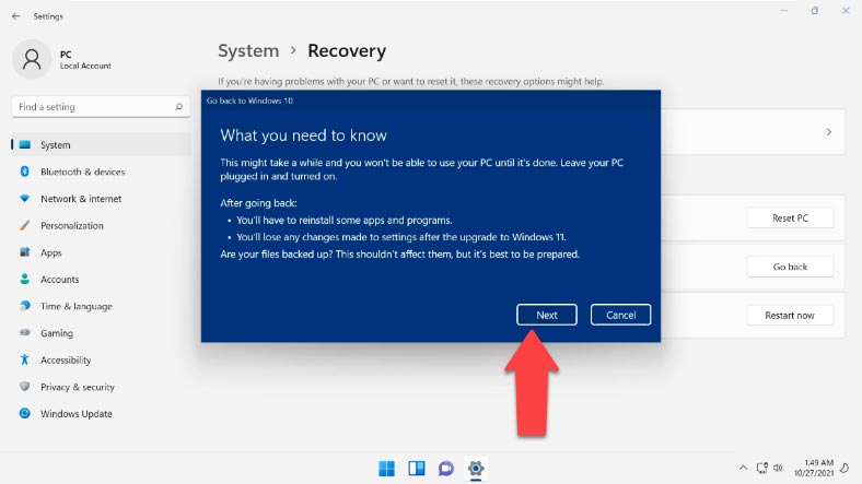 Twój komputer będzie niedostępny przez pewien czas, podczas gdy przeprowadzany jest rollback systemu z Windows 11 z powrotem do Windows 10