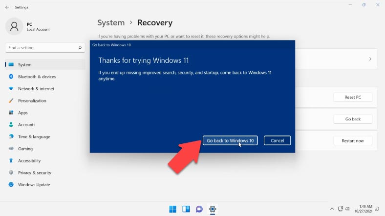 Kliknij Wróć do Windows 10