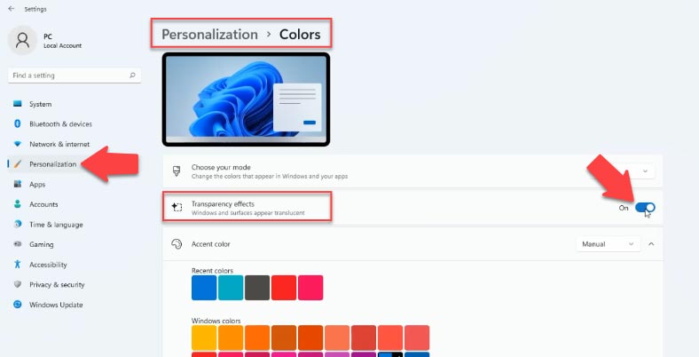 Sección Opciones - Personalización - Colores