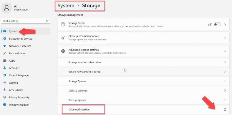 Ouvrir Paramètres – Système – Stockage – Paramètres de stockage avancés – Optimisation du lecteur