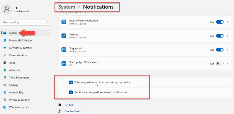 Disable notifications and tips