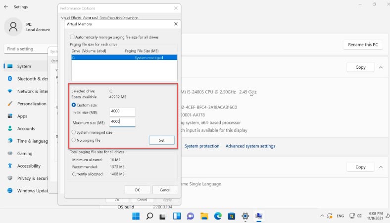 Configure virtual memory and paging file