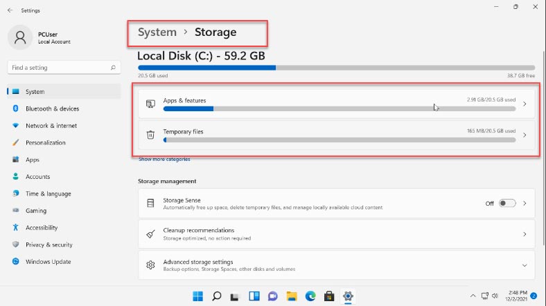 Categories that use your disk space