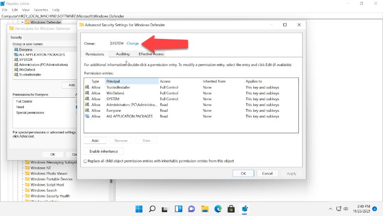 Change folder owner in Windows registry