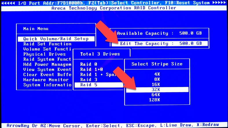 Set the volume capacity and stripe size for the future array