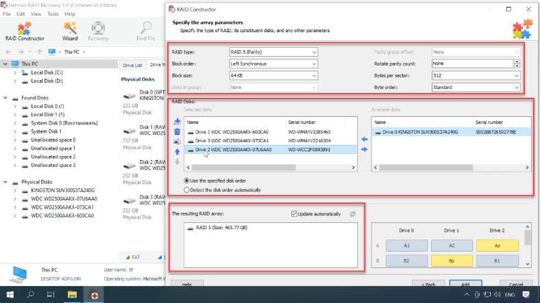 Indique manualmente el tipo de RAID, el orden y el tamaño de los bloques