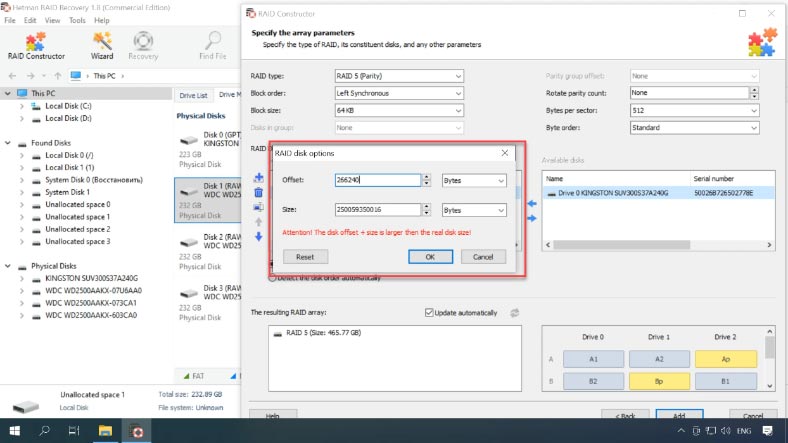 Entrez ce décalage pour chacun des disques dans le constructeur RAID