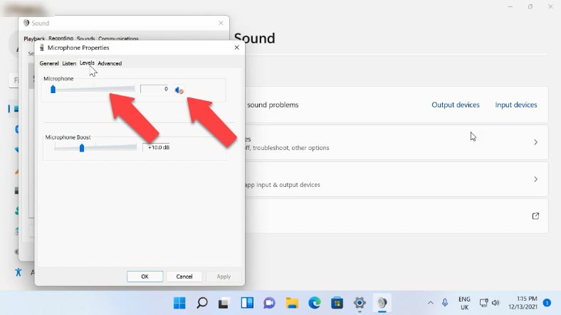 More sound settings – Properties - Levels