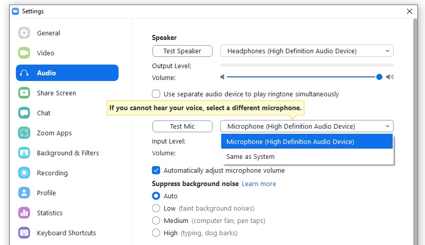 Configurações de zoom do microfone