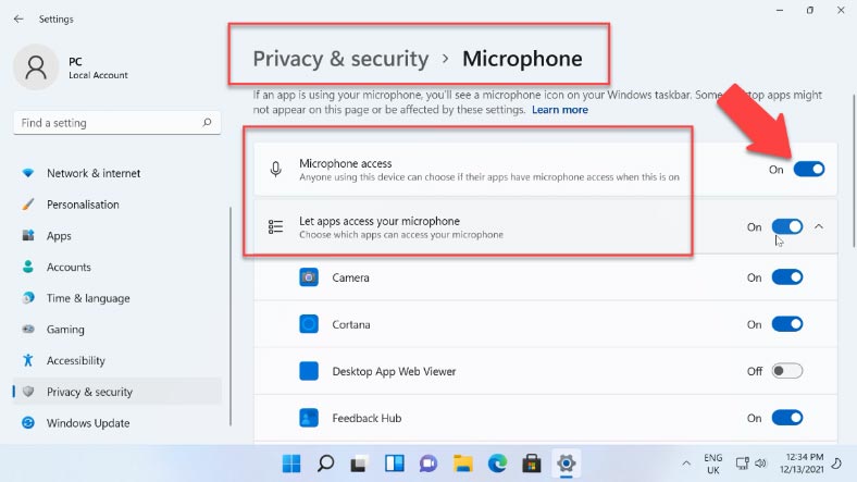 Settings - Privacy & security - Microphone