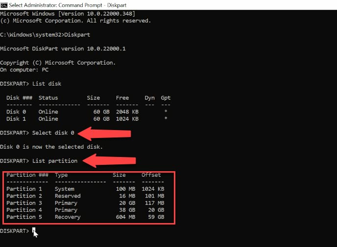 Select Disk and List Partition