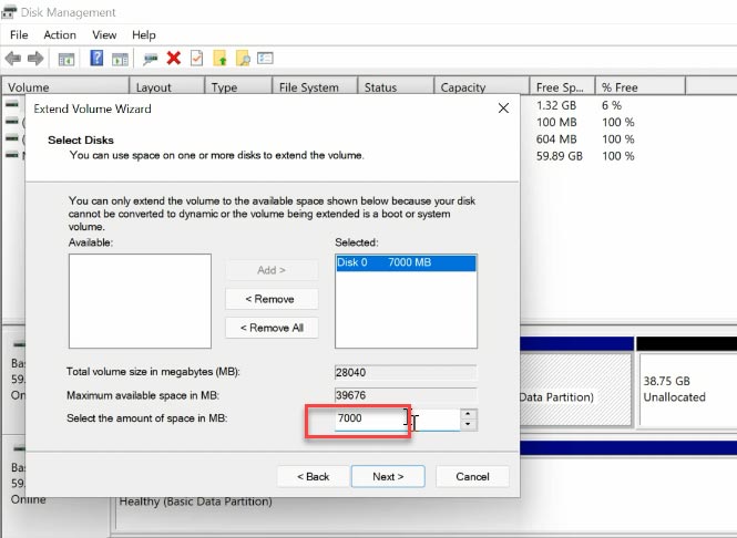 Adding some unallocated space