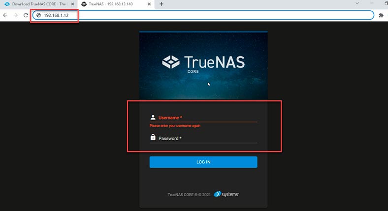 Faça login na interface da web TrueNAS