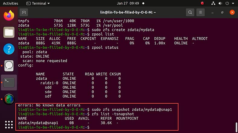 Create a ZFS pool snapshot