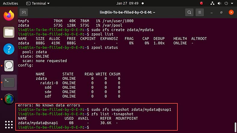 قم بإنشاء لقطة مجموعة ZFS