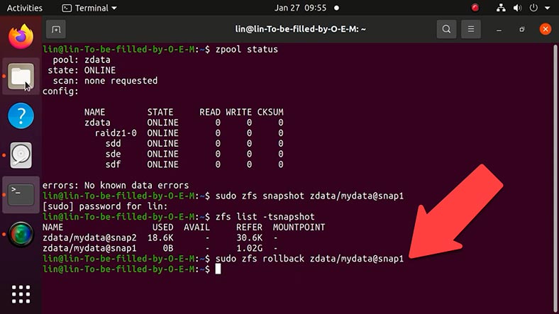 قم بلف ZFS إلى اللقطة المطلوبة