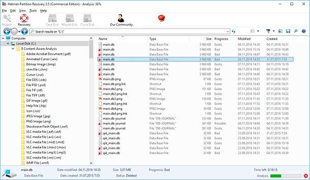 Hetman Partition Recovery. Select the necessary file from the list (main.db)