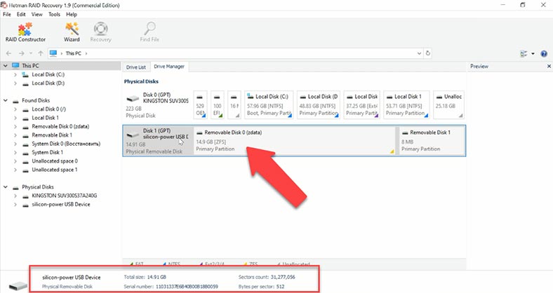 Hetman RAID Recovery a identifié un disque ZFS